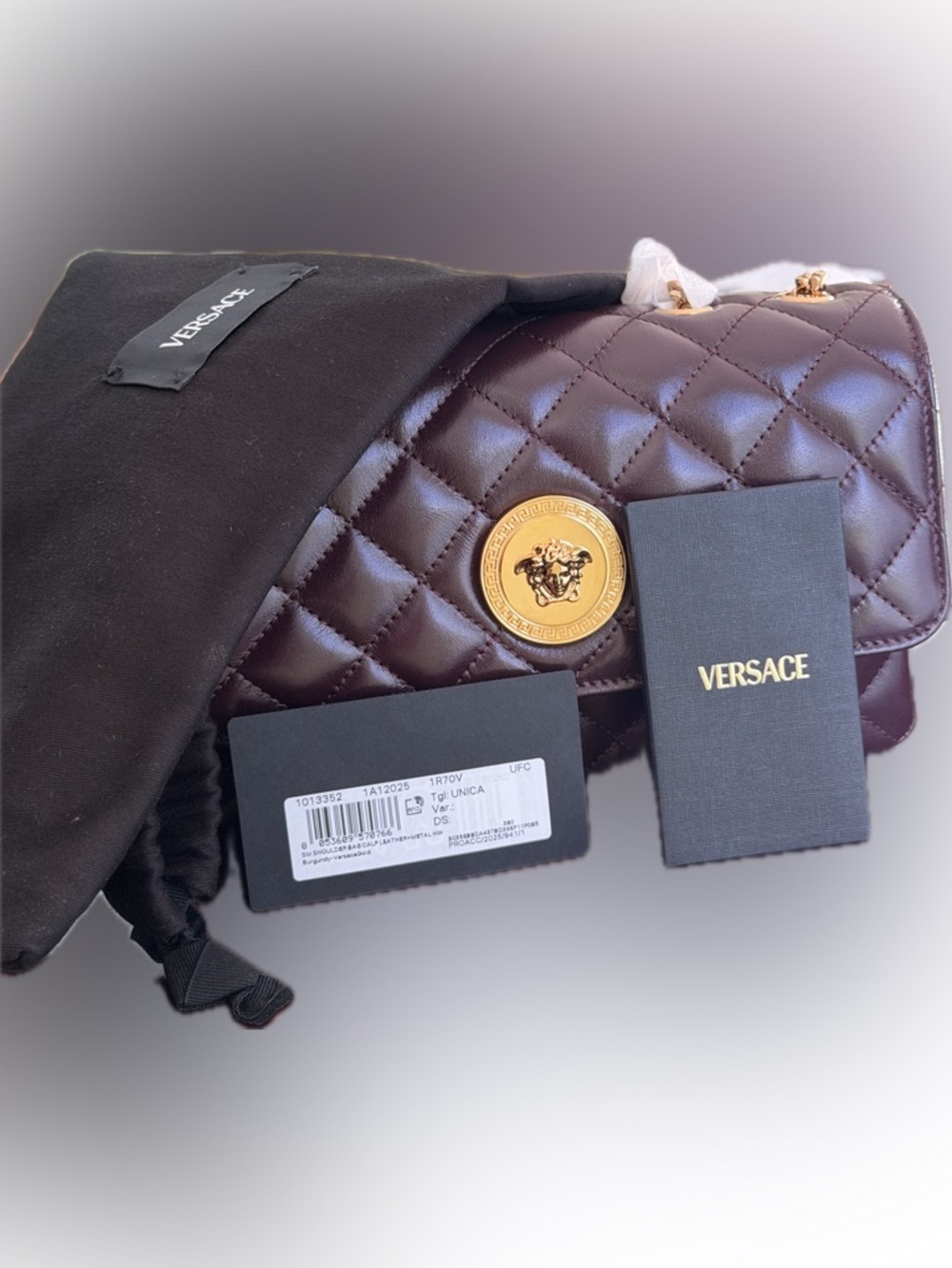 Versace Quilted Leather La Medusa Crossbody Burgundy Shoulder Bag NWT MSRP $1800